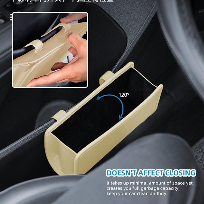 Car Trash Can, Beige Universal Leather Foldable Leakproof Garbage Bins Organizer Holder with One Roll Trash Bag, Car Seat Back Storage Box for Most Vehicles