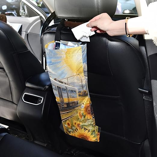 ALAZA Hanging Car Trash Bags Garbage Bag Trash Can for Back Seat Small Sunflower Train Washable Storage Bag Retractable 2 Pack