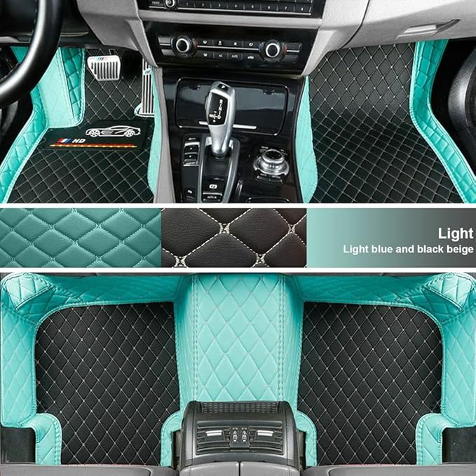 Custom Fit Car Floor Mats for Most Cars, SUVs, Trucks - Waterproof PU Leather All-Weather Floor Liners - Durable Anti-Slip Interior Car Accessories to Protect Vehicle Floors (Light Blue+Black Beige)