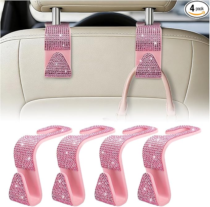 HZEL Bling Car Seat Headrest Hooks, 4PCS Crystal Rhinestone Vehicle Seat Back Hanger Holder for Purses Bag Handbags, Diamond Headrest Storage Organizer, Universal Auto Accessories (Pink)