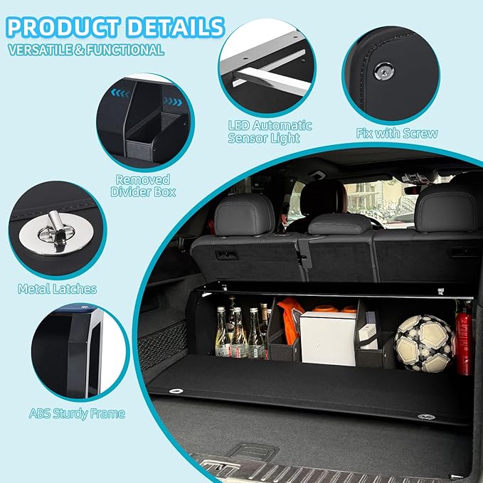 XCF Car Trunk Organizer, Leather Trunk Organizer with LED Light Car Storage Box with Lid and Push-pull Handle Organizer Trunk Storage for SUV, Trunk, Minivan (Black, 40.5 x 11.4 x 12.2in)