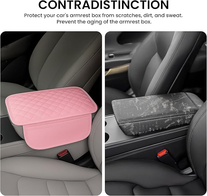 DSCARCovers Upgraded Car Center Console Cover Pink,Microfiber Leather Car Armrest Cover Cushion with 2 Storage Bags,Universal Car Armrest Storage Box Car Interior Accessories for Most Vehicles (Pink)