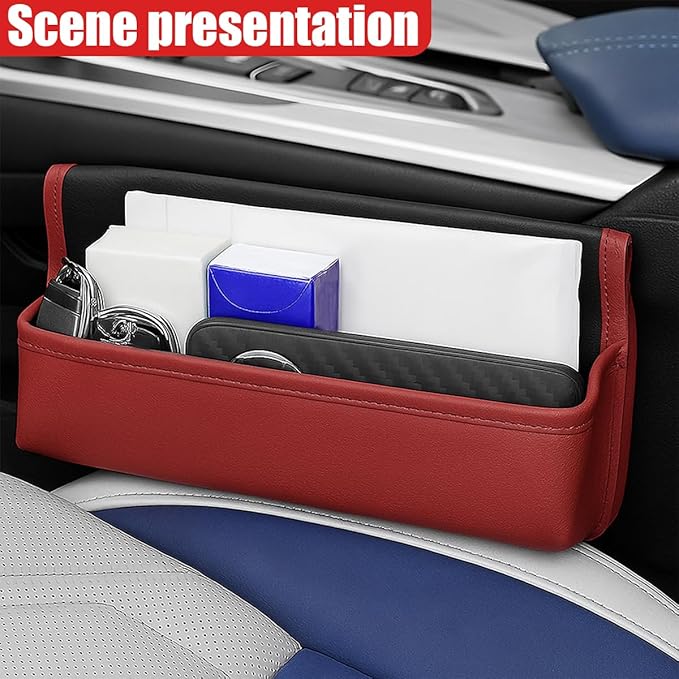 Car Seat Gap Filler Organizer, Leather Universal Gap Bag Car Storage Box for Phones, Keys, Glasses & Cards, Adjustable Front Seat Side Pocket Organizer for Cars, No Seat Belt Block (Burgundy)