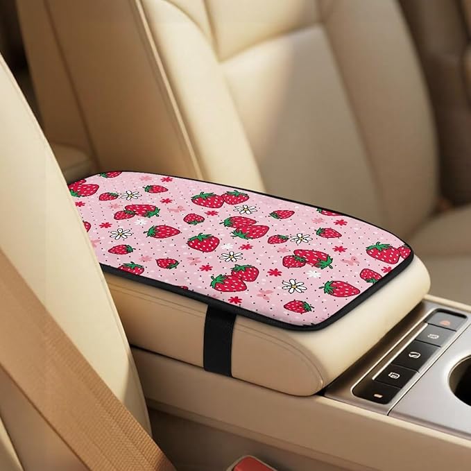 Qeluxign Strawberry Daisy Car Seat Covers 2 Front Seats Universal Fit Center Console Protector Auto Seat Belt Cover Against Stains, Spills, Dust Car Interior Accessories 5 Piece Set