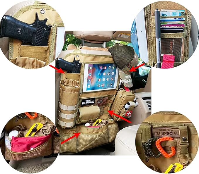 Upgrade Tactical MOLLE Car Back Seat Organizer With 14 Multi-Pockets and 4 Detachable Pouches: Trucker hat, Trauma Medical & Water Bottle Pouch, EDC Pouch, Vehicle Protector Organizer