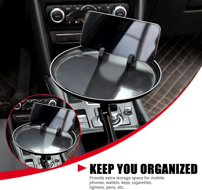 Car Cup Holder Tray for Adults Car Tray Table for Eating with Cell Phone Slot Lap for Universal Adjustable Cup Holder 360 Swivel Fits Vehicle, Boats, Golf Cart