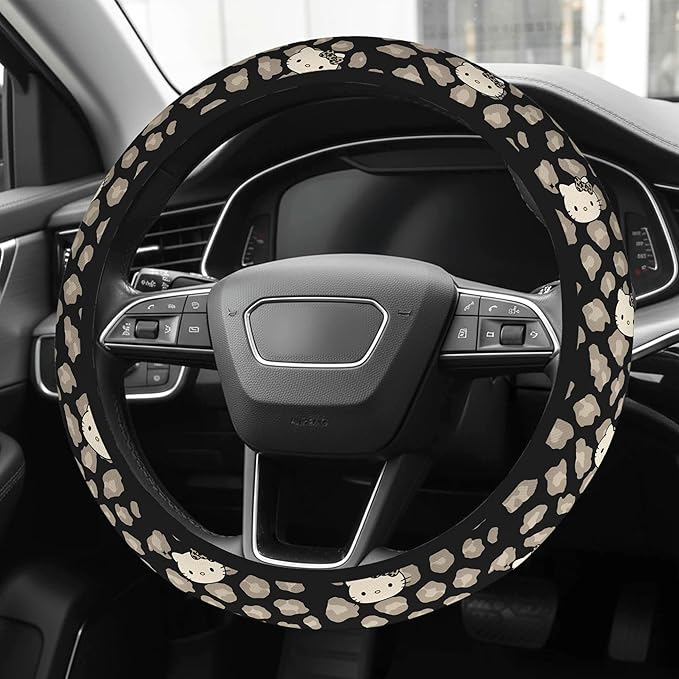 Cute Steering Wheel Cover for Women, Machine Washable Universal 14.5-15.5 inch Non-Slip Grip All Weather Use (Black Leopard Cats)