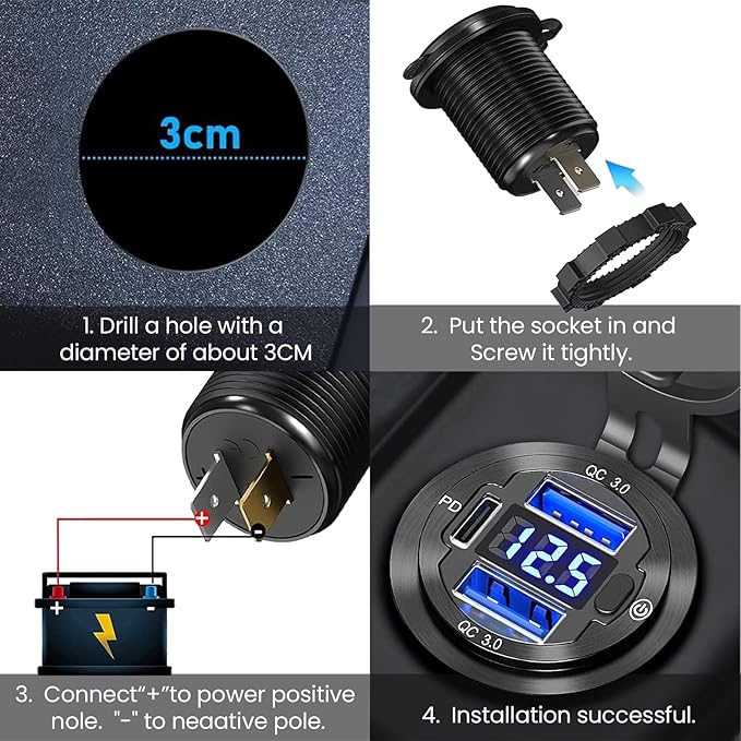 12V USB Car Socket, 3-Port Marine Aluminum USB Quick Charge Waterproof Cigarette Round USB C 12V Outlet for Car Golf Cart Boat Marine Bus Truck RV Marine Motorcycle etc(2QC+1PD(1Pack))
