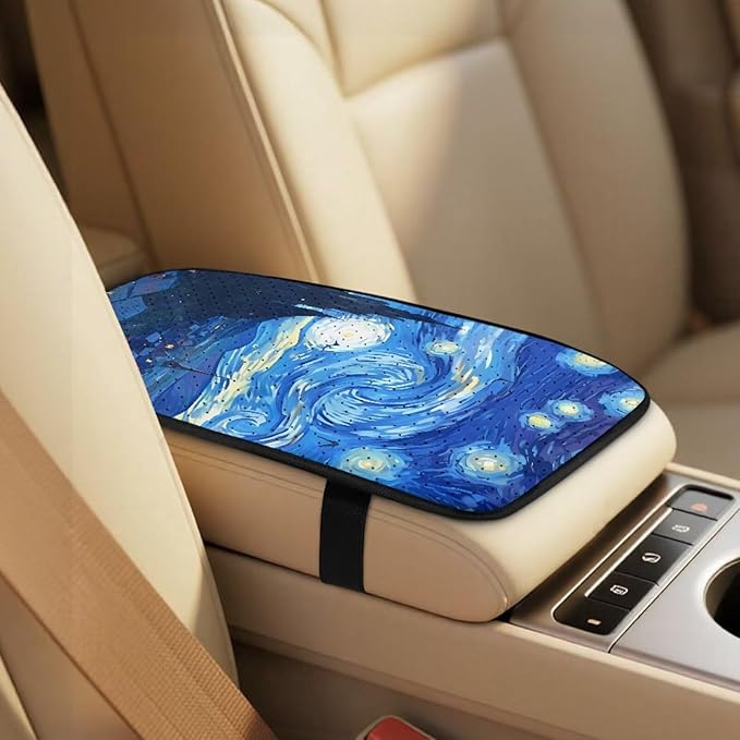 Psesaysky 5PCS Leather Auto Interior Decor, Blue Starry Sky Universal 2 Front Seat Covers, Armrest Cover, 2 Seat Belt Covers, Car Accessories Gift Set for Men Women