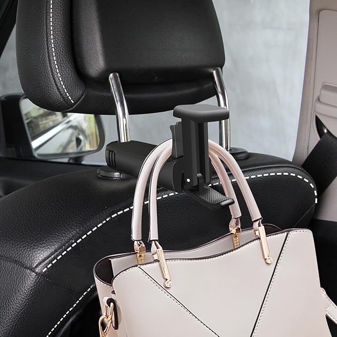 Back Seat Headrest Hooks - New Upgraded 2 in 1 Hidden Car Hook With Phone Holder, Universal 360 Rotation for Purses and Bags (Black - 1PCS)