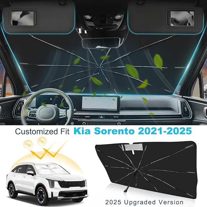 2025 Upgrade Windshield Sun Shade Umbrella Custom Fit for Kia Sorento 2021-2025 Foldable UV Protection Car Cover, Emergency Rain Shield & Dashboard Protector - Durable Auto Accessory