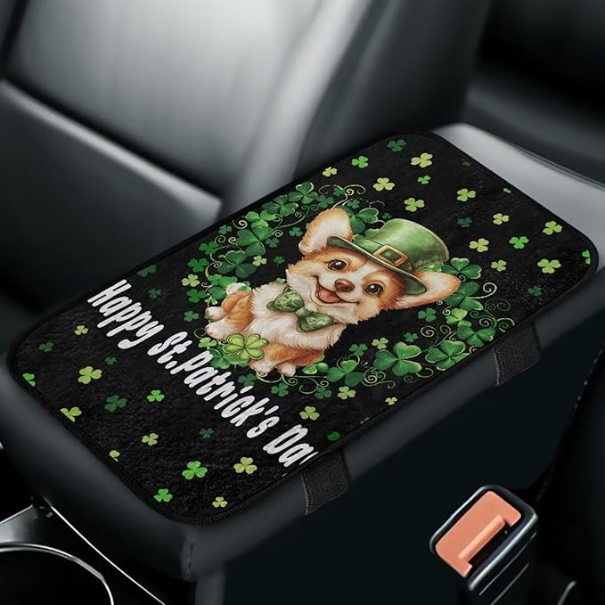 Bulopur St. Patrick's Dog Car Center Console Cover Protector Arm Rest Car Flannel Comfortable Auto Armrest Console Accessories Universal Fit Most Cars Women Men