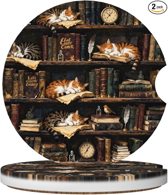 HUWAAI Cat Library Bookshelf Car Cup Holder Coasters 2 Pack Universal 2.63 Inch Anti Slip Ceramic Absorbent Coaster with Cork Base and Finger Notch Cute Car Accessories Interior for Women