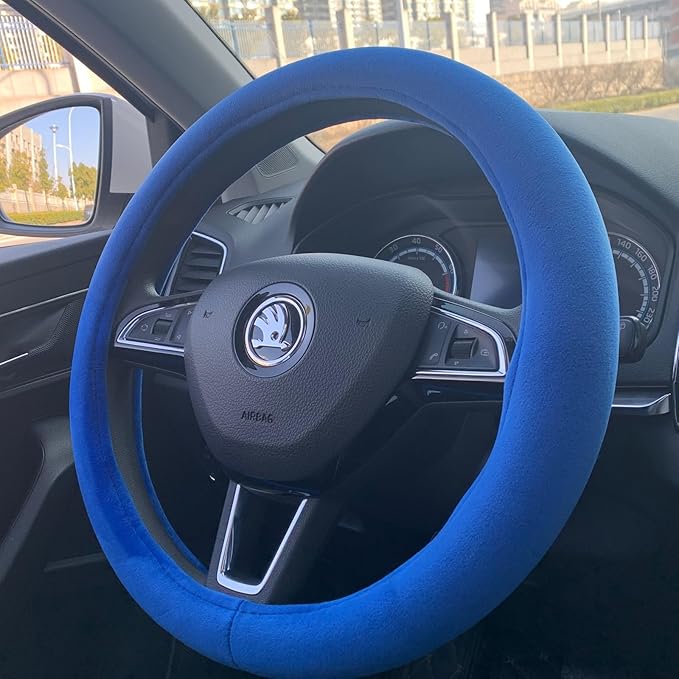 Fluffy Steering Wheel Cover, Short Plush Auto Accessories for Men and Women with Inner Ring Universal 15 Inch (Blue)