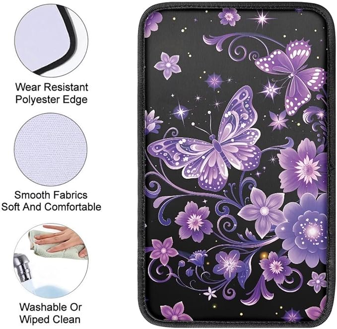 Purple Butterfly Car Center Console Cover Soft Arm Rest Cover Car Easy to Install Cars Interior Automotive Universal Size Fit for Most Cars SUVs Trucks Vans