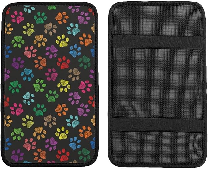 DORKEIXIA Dog Paw Prints Rainbow Colorful Foot Prints Auto Center Console Armrest Pad Universal Car Center Console Cover Seat Box Cover for Sedan, Van, SUV, Truck Car Accessorie
