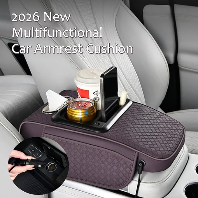2026 Enhanced Car Center Console Armrest Cushion with USB& Type-C Charging, PU Leather Console Pad with Cup Holders, Storage& Tissue Outlet for Most Vehicles (Sloped Version, Beige)