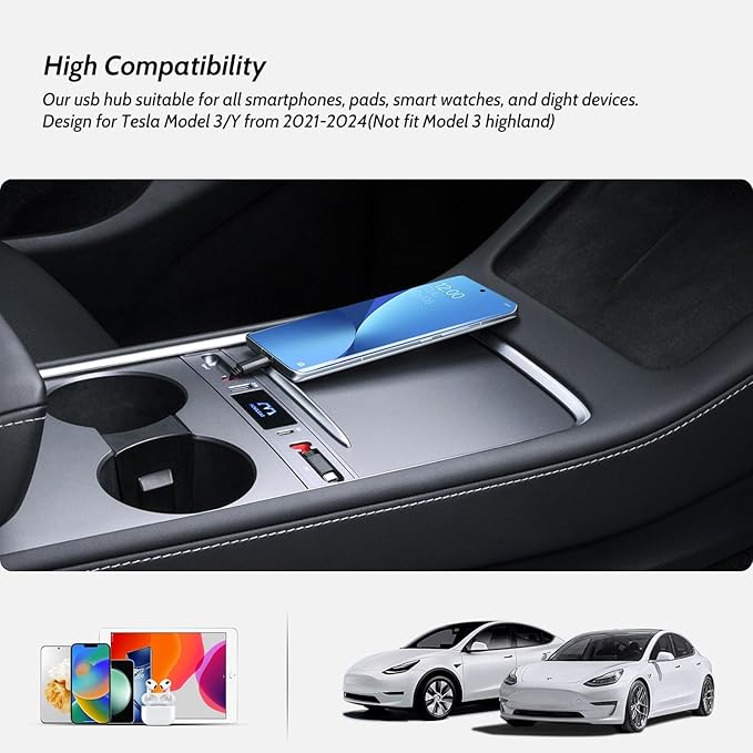 2 USB C Charging Hub for Tesla (Carbon Fiber), Retractable 27W Fast Charger for iPhone 15 is Necessary Tesla Model 3/Y Accessories (2024-2021) but not Highland or Juniper Compatible
