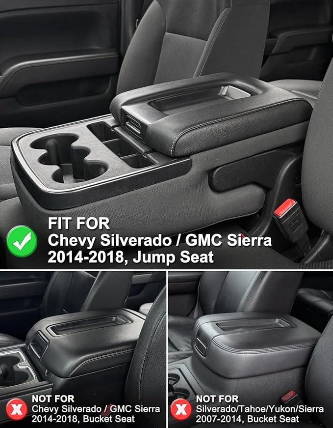 KBH Auto Center Console Armrest Cover Replacement for Chevy Chevrolet Silverado & GMC Sierra 1500 2500 3500 2014-2018, Vinyl Leather Arm Rest Upholstery, Anti-Scratch, Split Bench Jump Seat (Black)