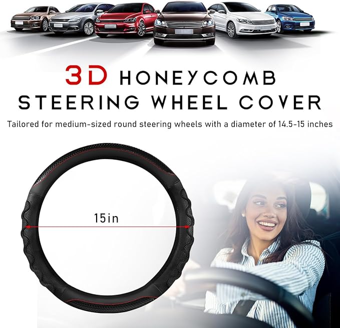 Car Steering Wheel Cover, 15 Inches 3D Honeycomb Design Car Steering Wheel Protector with Comfy Grip, Breathable Anti-Slip D-Shaped Steering Wheel Sleeve for Most Vehicles (Black, Round)