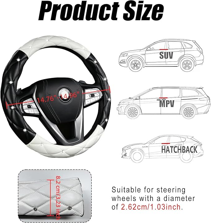 Diamond Leather Steering Wheel Cover Women, Girly Bling Steering Wheel Cover, Sparkly Non-Slip Soft, 15 Inch Interior Accessories for Women Girls Vehicle, Black & White