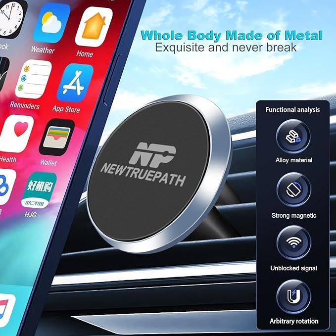 Ultra-Strong Aluminum Magnetic Phone Holder for Car [2-Pack] – Universal Air Vent Mount with 4 Metal Plates, Compatible with iPhone 16 Pro/15,14,13, Samsung, iPad & mini Tablets(Gray