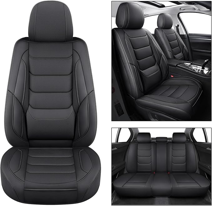 SCOMEE Leather Car Seat Covers Full Set Breathable Automotive Seat Protectors, Waterproof Universal Fit for Most Cars, SUVs, Trucks (Black, Full Set)
