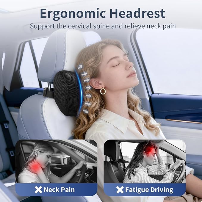 Dijialun Car Neck Pillow, Memory Foam Car Headrest Pillow for Driving with Adjustable Strap, Softness Breathable Removable Mesh Cover, Ergonomic Design for Office Chair, Driving, Black