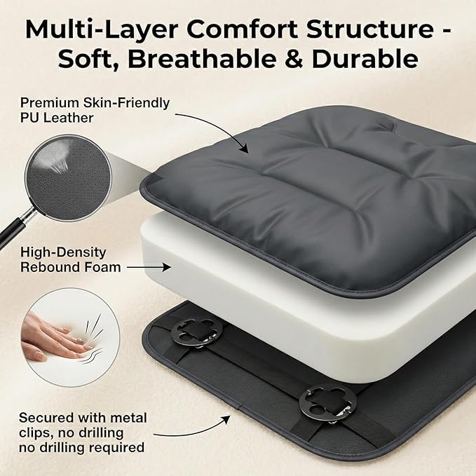 Bzxpk Skin-Friendly & Dirt-Repellent Leather Car Seat Cushion, Non-Slip PU Leather Seat Cover for Car, Office Chair & Travel, Breathable Comfort Cushion (Black, Front Row)