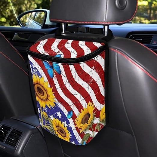 4th of July Car Trash Can with Lid Hanging Car Trash Bag Leak-Proof Portable Cars Garbage Bin Sedan Accessories Interior Cars Organizer, USA Flag Sunflower Print