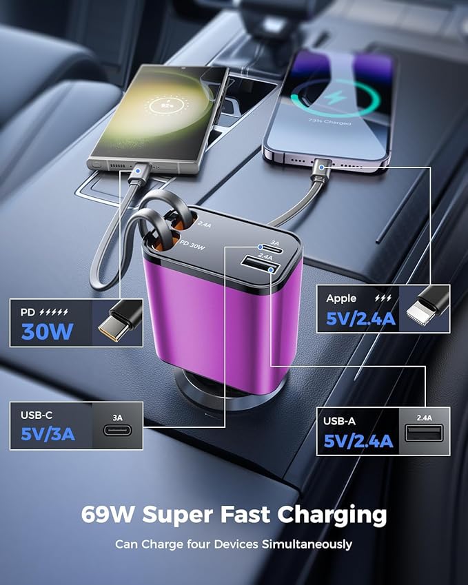 [2024 Upgraded] 4 in 1 Retractable Car Charger, SUPERONE Smaller Fast Car Phone Charger 69W with Cord, USB C and iPhone Car Charger Adapter, Compatible iPhone 17/17 Pro Max/16/15/14/13/12/11, Sumsung