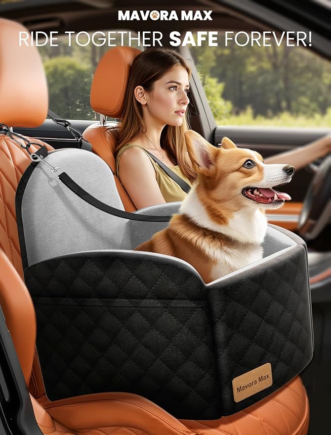 Mavora Max Dog Car Seat for Small/Medium Dogs, Elevated Dog Booster Seat Memory Foam Puppy Car Seat with Washable Cover, Travel Safety Pet Seat for Car with Storage Pockets Up to 35 lbs (Black/Grey)