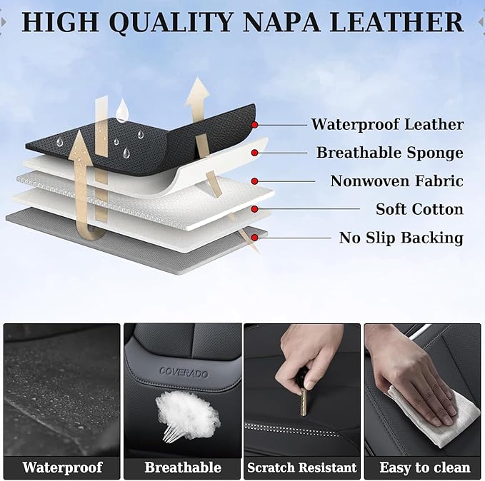 Coverado Seat Covers, Car Seat Covers Full Set, Leather Seat Covers for Cars, Car Seat Protector, Black Car Seat Covers Front Seats and Back Seats Universal Fit for Most Cars Gray