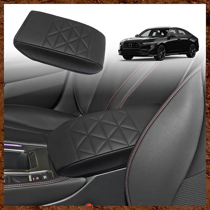 Muslogy for Accord 2026 2025 2024 2023 Center Console Cover Armrest Pad Vegan Leather Extra Soft Armrest Lid Protector Compatible with Honda Accord LX EX Sport Hybrid EX-L Sport-L Touring (V2 Black)