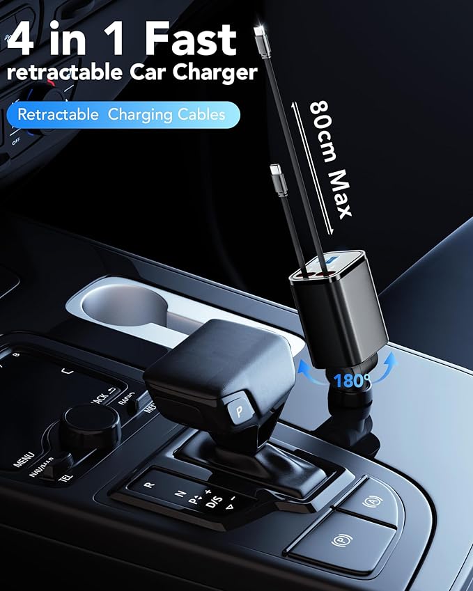 69W Fast Charging USB C Car Charger, 4-in-1 Retractable Phone Charger for iPhone 17, Travel Essentials, Gifts for Women Men, Car Accessories for Women Men, for iPhone 17 16 15 14 13, Galaxy, Pixel
