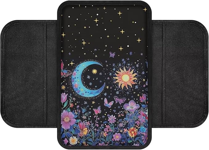 Dreaweet Car Center Console Cover Sun and Moon Floral Car Accessories for Women Girly,Car Armrest Cover with Storage Pockets Universal Arm Rest Center Console Cushion Pad Soft & Comfy