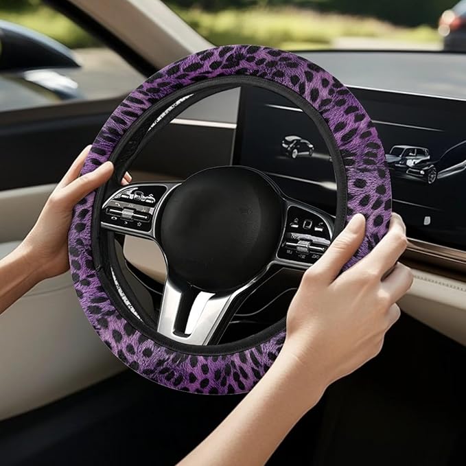 Universal Non-Slip Steering Wheel Cover, 15-inch Polyester Material Driving Accessories, Adjustable for Car and Truck(Artistic Amethyst Leopard)