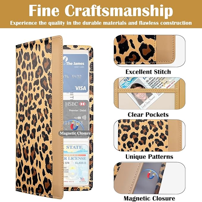 FinestHouse Car Registration and Insurance Holder with Magnetic Closure, Universal Document Organizer for License, Insurance Cards & Glove Box Storage (Leopard-Brown)