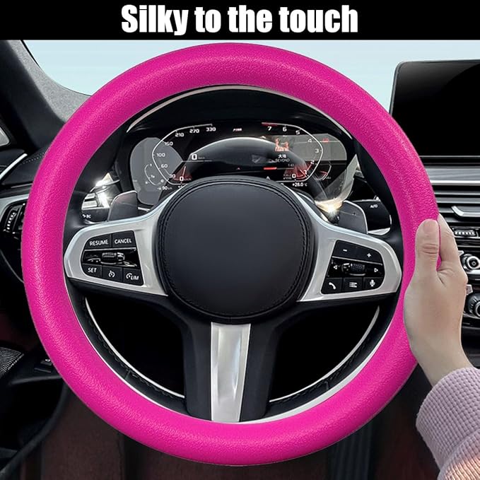 Car Steering Wheel Cover, Soft Odorless Silicone Steering Wheel Protector, Anti-Slip Auto Steering Wheel Cover Universal Fit 14 Inch, Vehicle Interior Accessories for Cars SUVs Trucks (Pink)