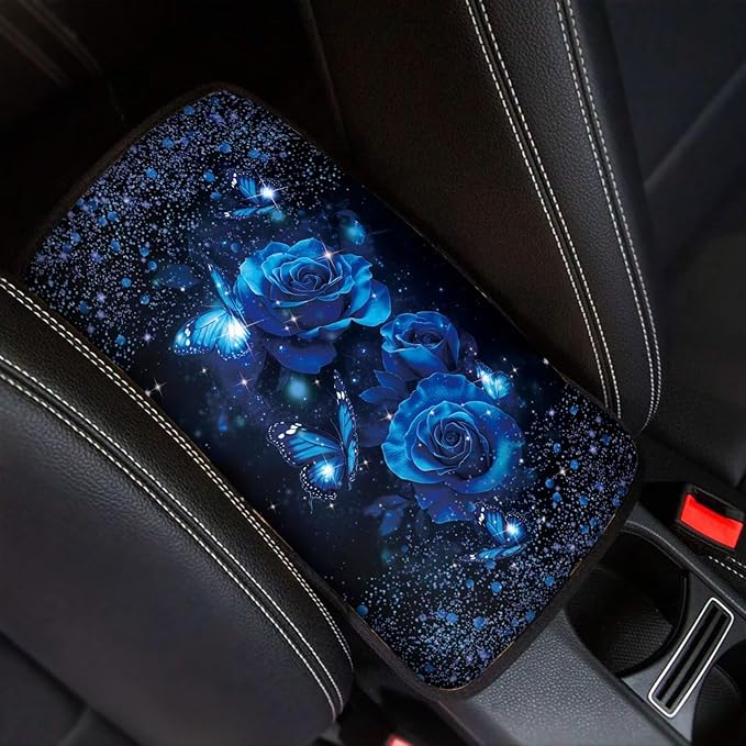 Rose Butterfly Print Car Center Console Armrest Cover Pad Non Slip Scratch Proof Auto Armrest Seat Box Cover Protector Car Interior Decor for Women