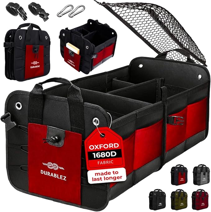 DURABLEZ 2-Section Foldable Trunk Organizer – Compact Car Storage for Groceries, Kids Items, Travel Gear – Dual-Compartment Cargo Bin with Cover Net – Red