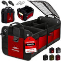 DURABLEZ 2-Section Foldable Trunk Organizer – Compact Car Storage for Groceries, Kids Items, Travel Gear – Dual-Compartment Cargo Bin with Cover Net – Red
