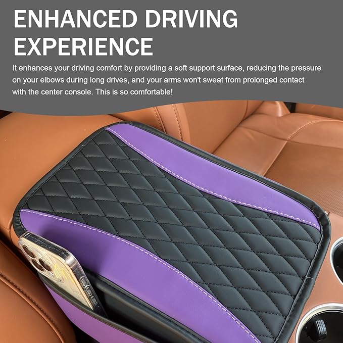 Car Center Console Cover, Patchwork Leather Armrest Cover Cushion with 2 Storage Bag, Waterproof Comfortable Auto Arm Rest Pad, Universal Center Console Protector for Sedan, SUV (Purple)