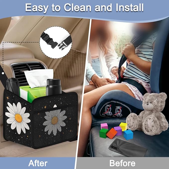 Vintage White Daisy Car Backseat Organizer PU Leather Black Truck Back Seat Trash Bag Universal Hanging Storage Box Travel Accessories Foldable
