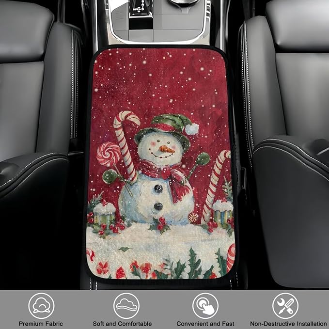 Bulopur Christmas Cute Snowman Car Center Console Cover Protector Arm Rest Car Flannel Comfortable Auto Armrest Console Accessories Universal Fit Most Cars Women Men