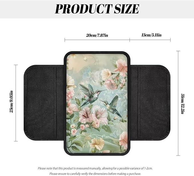 Dreaweet Hummingbird Flower Print Arm Rest Cover for Car Truck SUV Van,Elegant Car Accessories Teal Center Console Covers with Pockets,Soft Comfy Car Armrest Cover Pad,Easy to Install