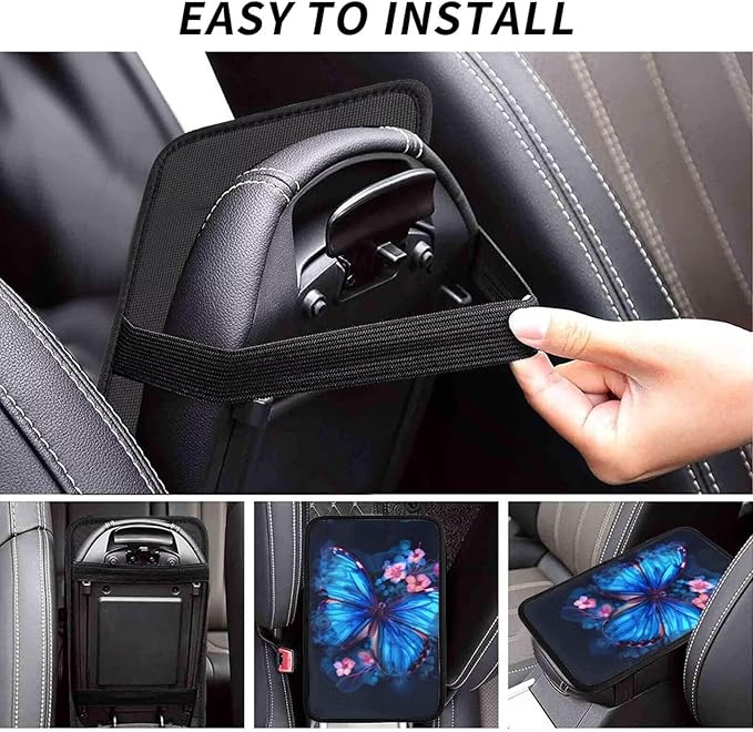 Car Center Console Armrest Cover Blue Butterfly Armrest Pads Fit for Most Cars Sedans Vans Truck Vehicles, SUVs Animal Pink Floral Auto Armrests Cushion