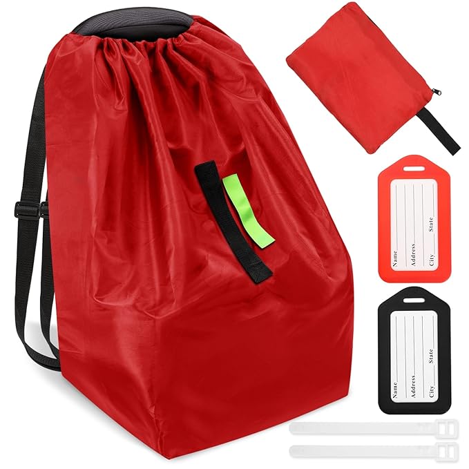 Sublaga Car Seat Bags For Airplane Travel, Durable Carseat Cover For Air Travel Car Seat Travel Bag with Shoulder Straps and 2pcs Luggage Tags For Airplane, Red