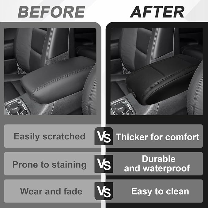 Muslogy Center Console Armrest Cover Compatible with 2011-2021 Jeep Grand Cherokee & 2011+ Dodge Durango Comfort Armrest Pad Arm Rest Cushion Vegan Leather Protector Regular Thick