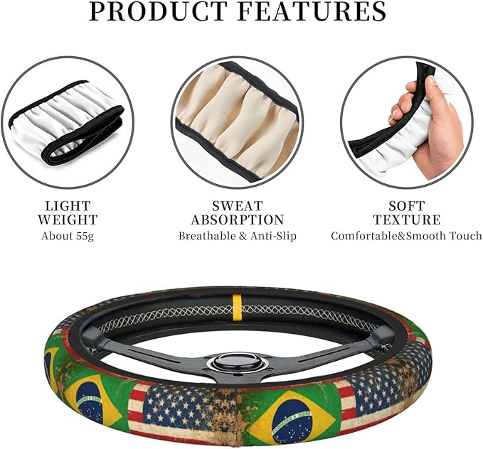 America Brazilian Flags Universal Fit Steering Wheel Cover for Car, Truck, and SUV, Durable Steering Wheel Protection